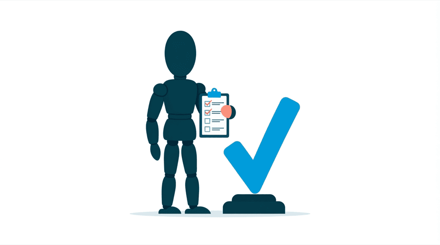 Illustration: a figure holding a short checklist beside a large tick mark standing on a base