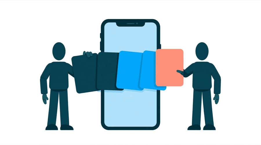 Illustration: a figure swiping a row of five overlapping square cards across a large phone screen
