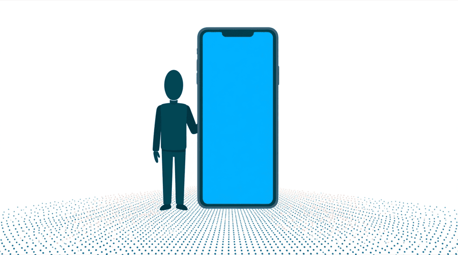 Illustration: a figure beside a tall vertical phone screen with a wide spread of small dots across the floor