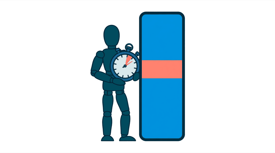 Illustration: a figure holding a stopwatch beside a tall vertical video bar with a bright band across its middle