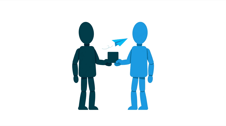 Illustration: two figures passing a small square card between them with a paper plane above it