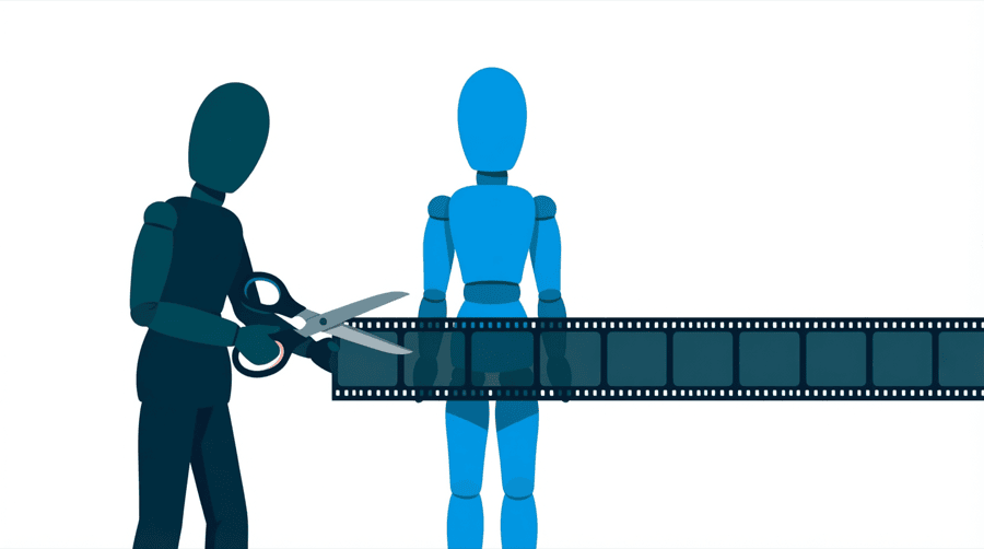 Illustration: a figure trimming the left end of a long film strip with large scissors