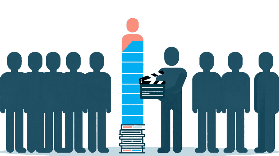 Illustration: a figure holding a film clapperboard beside a tall striped column of followers among a row of figures