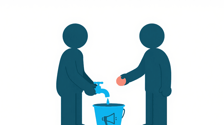 Illustration: one figure turns a tap down to a thin trickle over a bucket marked with a megaphone while a second figure holds out a coin