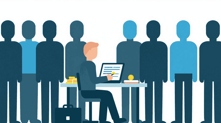 Illustration: a figure in office clothes fills in a form on a laptop at a work desk while gold coins sit beside it