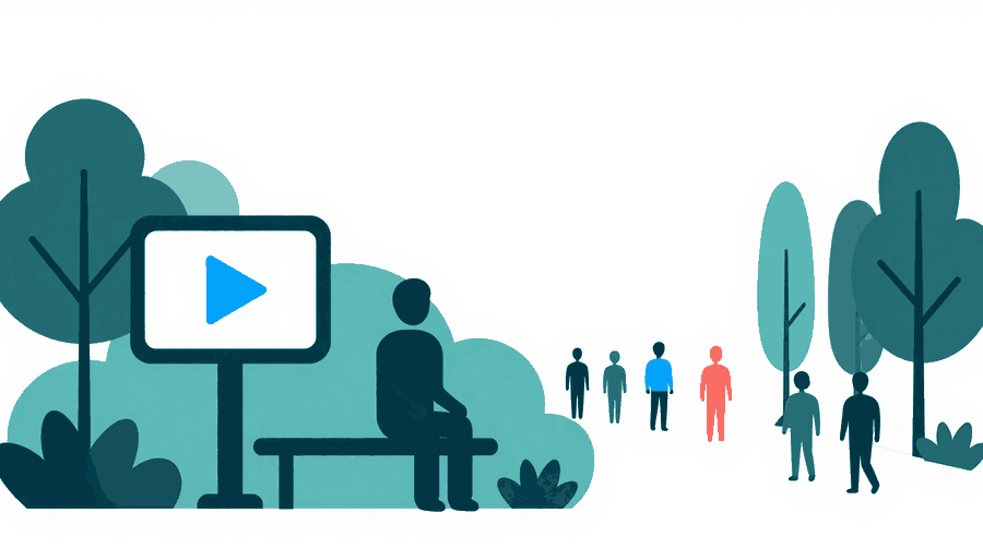 Illustration: a figure sits on a park bench beside a video play button sign while a long line of small visitors walks toward it