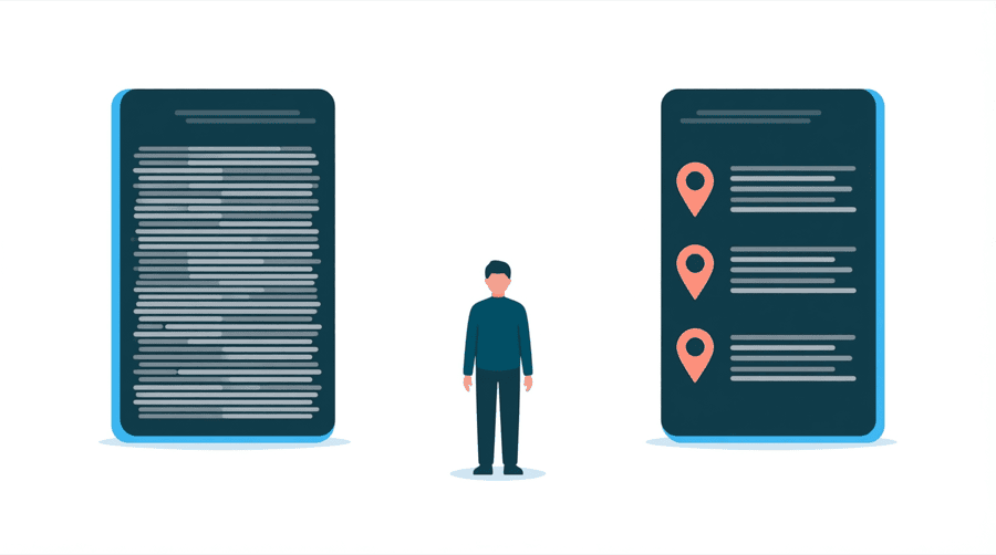 Illustration: two search boxes side by side, one filled with a dense block of text and one showing three small map pins