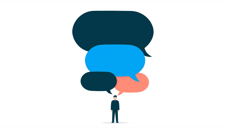 Illustration: a column of speech bubbles where every bubble has a smaller reply bubble attached under it