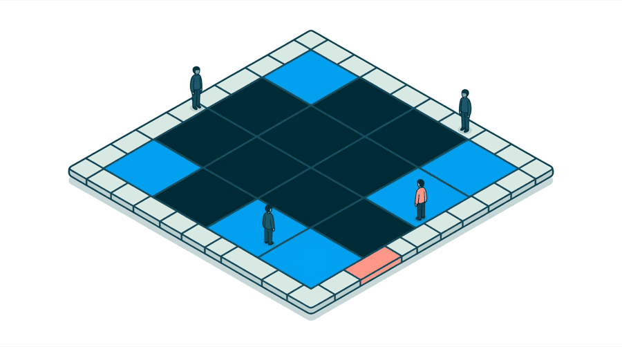 Illustration: a grid of squares over a street map where squares near the centre are dark and the outer ones fade to pale