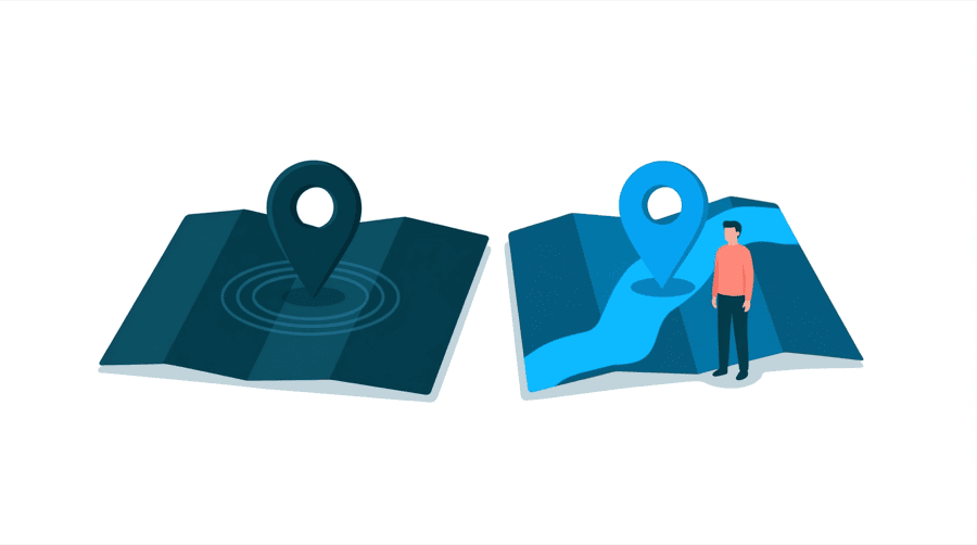 Illustration: two maps side by side, one with a pin at the centre of a ring and one with a pin next to a walking figure