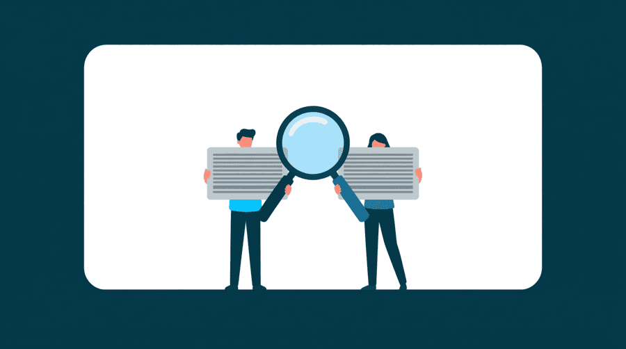 Illustration: two identical business cards held side by side with a magnifying glass comparing the lines of text