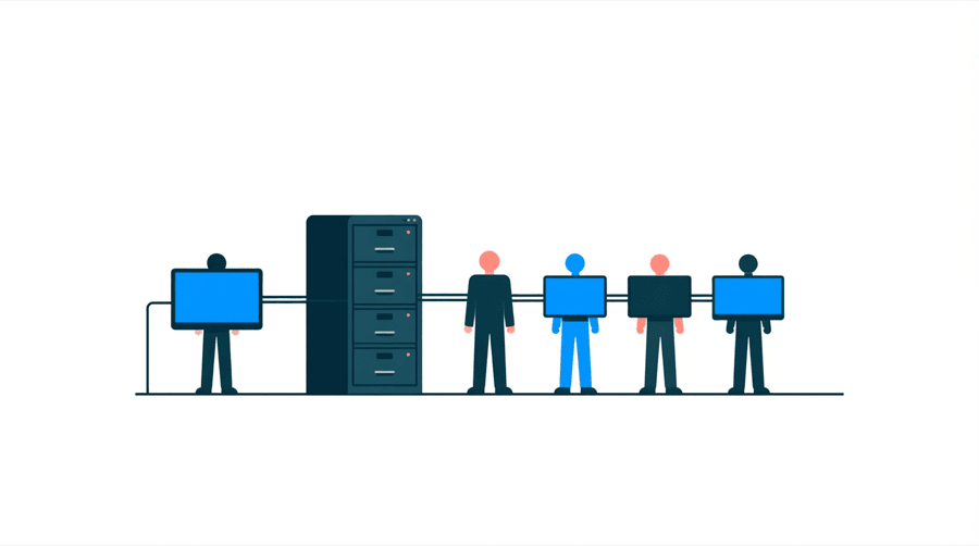 Illustration: one filing cabinet feeding a single screen, while three other screens draw from separate boxes