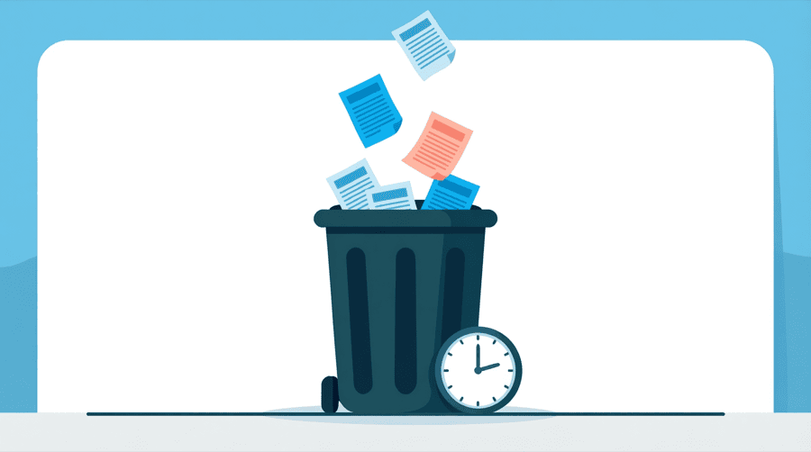 Illustration: a large waste basket with several folded notices falling into it and a clock beside it
