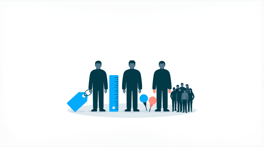 Illustration: three simple icons in a row, a tag, a ruler between two pins, and a small crowd of figures