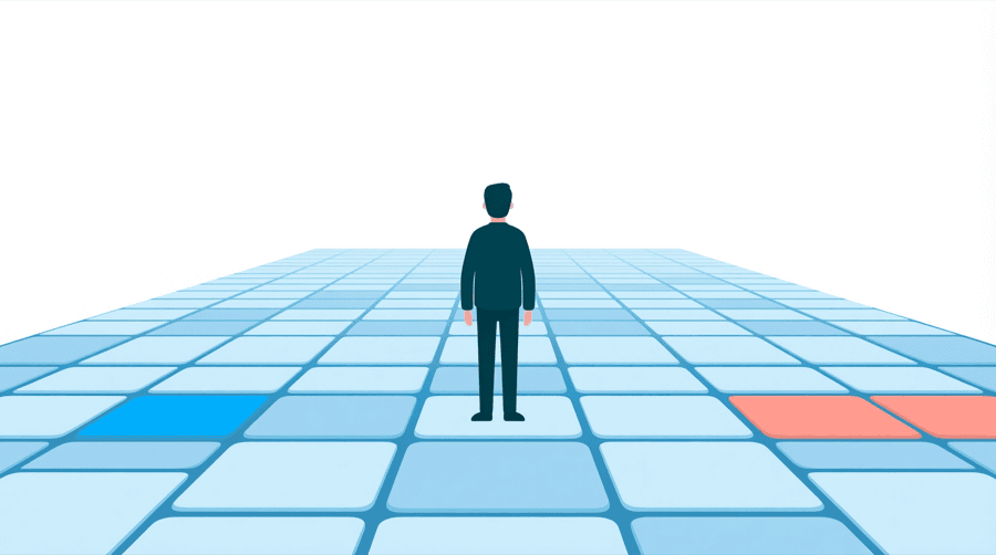 Illustration: a grid of numbered squares laid over a street plan, with a single figure standing on one square