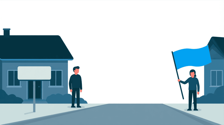 Illustration: two figures on opposite sides of a street, one standing beside a plain house with a blank empty signboard and one holding up a large flag