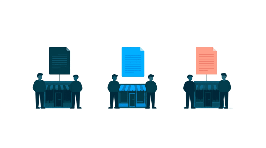 Illustration: three small shop buildings in a row, each joined by a straight line up to its own separate rectangular page above it