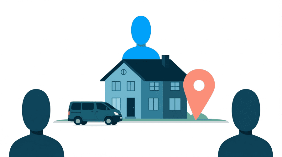 Illustration: a plain house with a van parked outside it, and a large map pin planted in the ground beside the house