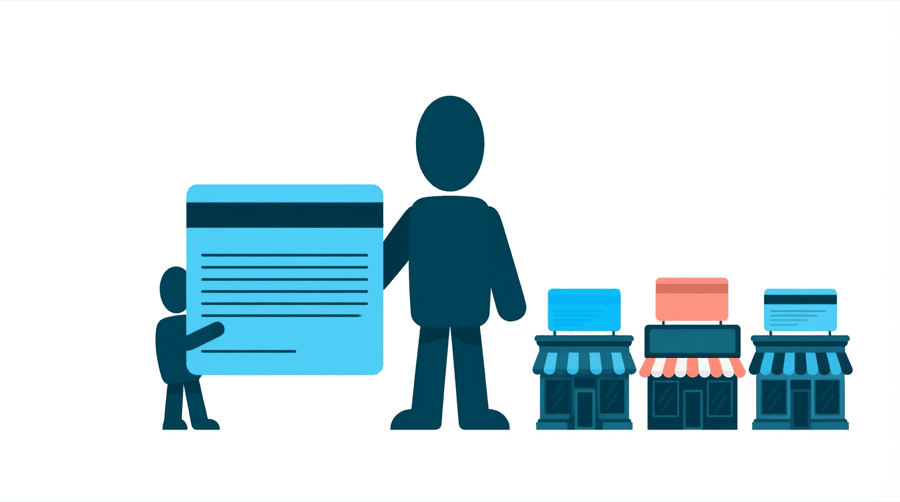 Illustration: one large card holding a single address line, beside a row of three shop buildings each holding its own card