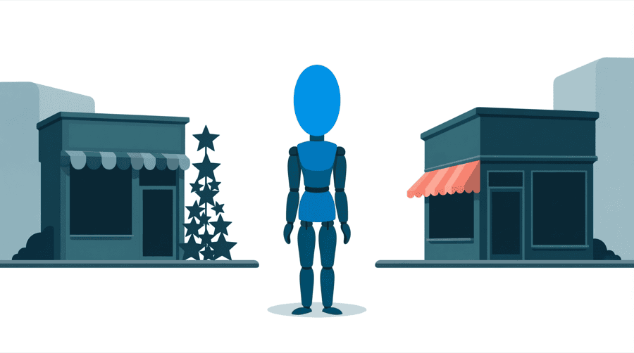 Illustration: two small shop buildings on the same street, the left one with a tall stack of stars beside it and the right one with empty space beside it