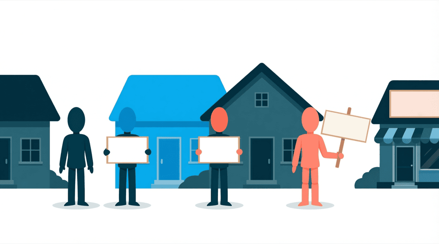 Illustration: three plain houses in a row each carrying a blank empty signboard, beside one small shop carrying a filled signboard above its door