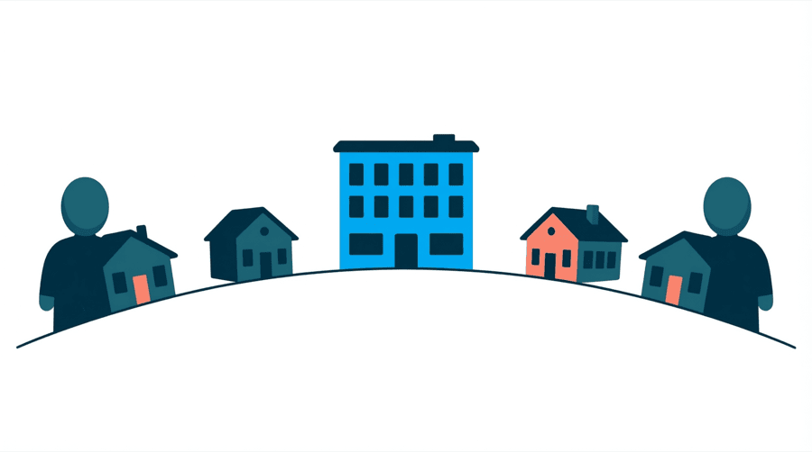 Illustration: five small houses arranged in an arc around one much larger building standing in the centre