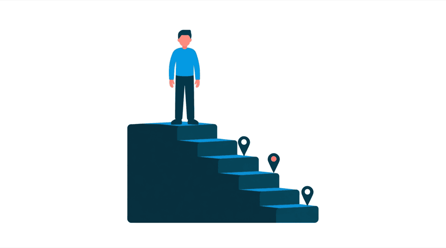 Illustration: a short staircase of four steps descending, with a small pin resting on each step