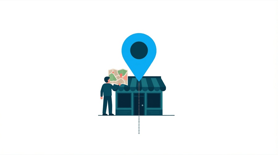 Illustration: a map pin being dragged by a hand from an empty field onto the doorway of a small shop