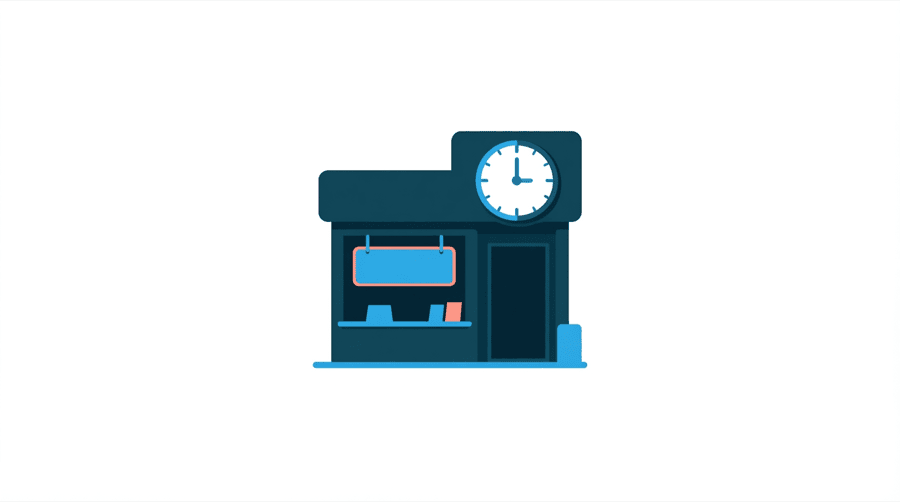 Illustration: a shop front with an open sign in the window and a clock face above the door