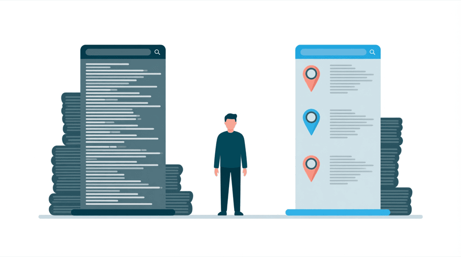 Illustration: two search panels side by side, the left one filled with stacked grey text bars and the right one holding three small map pins