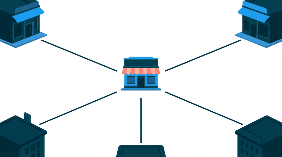 Illustration: one small shop building with several straight lines running to it from other buildings around the edge of the frame