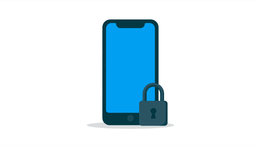 Illustration: one large phone shape standing upright with a closed padlock resting beside its base