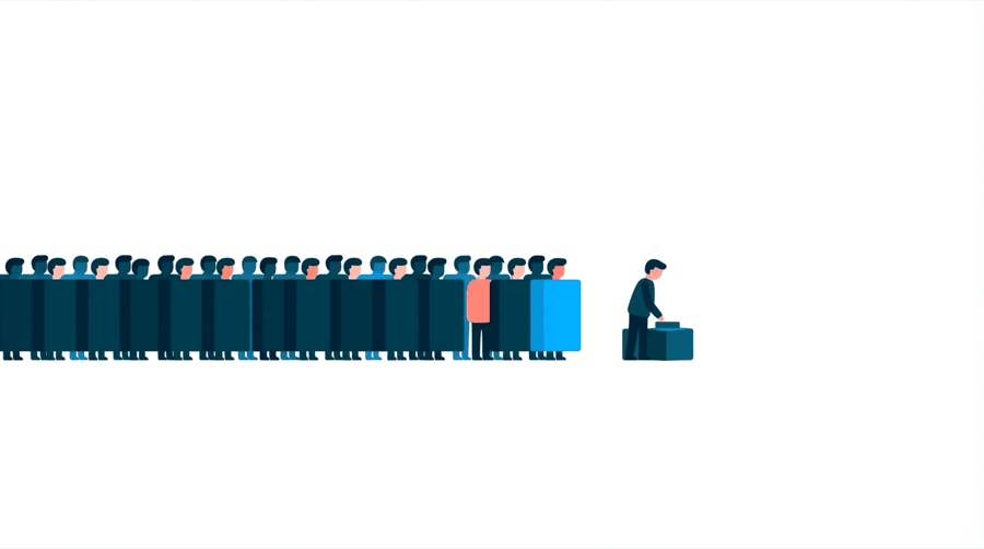 Illustration: one small box sitting at the far end of a long queue of larger boxes leading away from it