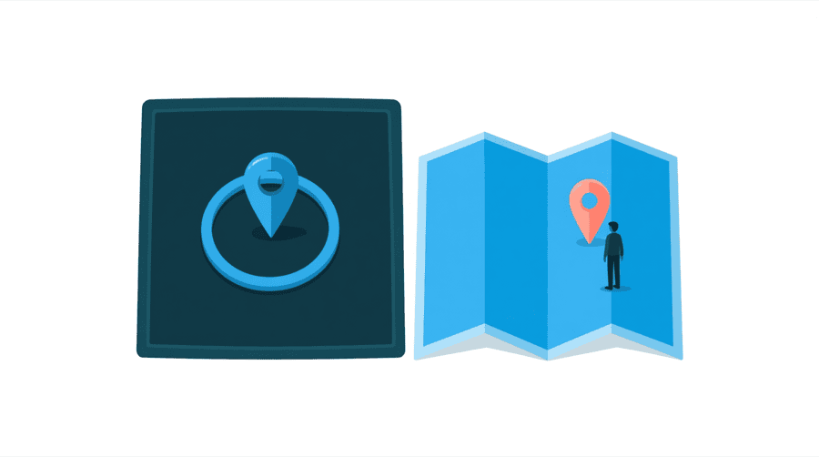 Illustration: two square maps side by side, the left one with a pin at the centre of a large ring and the right one with a pin beside a small standing figure