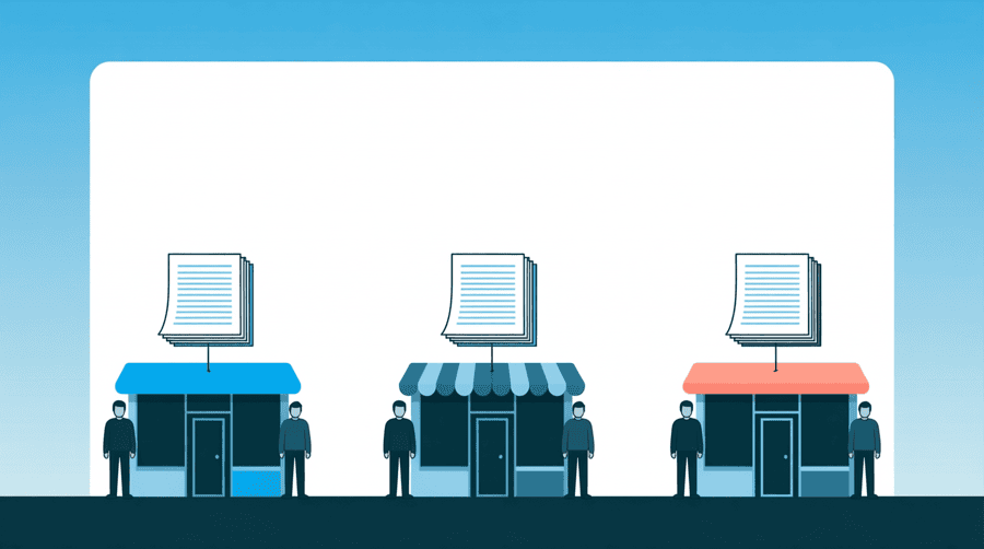 Illustration: three small shop buildings in a row, each joined by a straight line up to its own separate rectangular page above it
