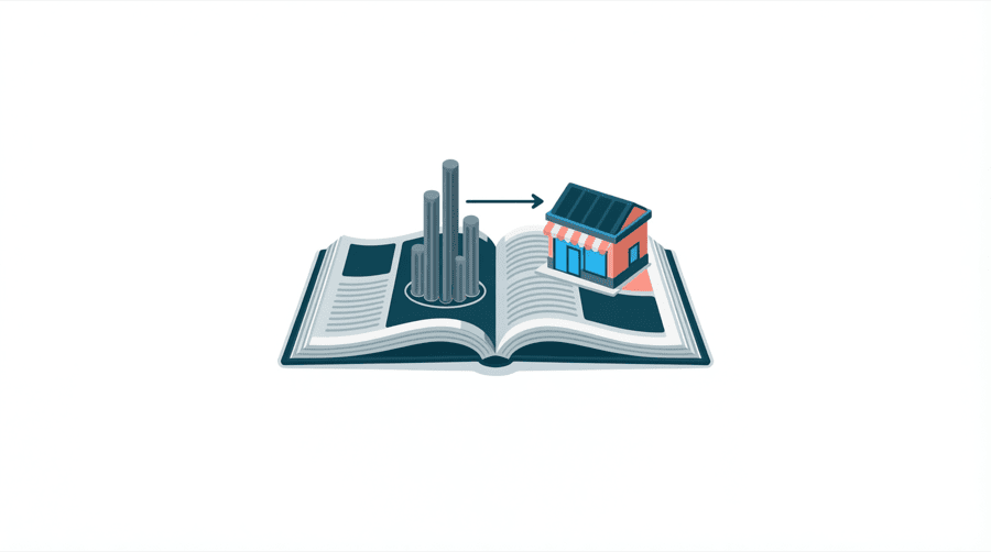 Illustration: one open magazine spread showing a column of grey bars, with one bar circled and a long arrow running to a small shop building