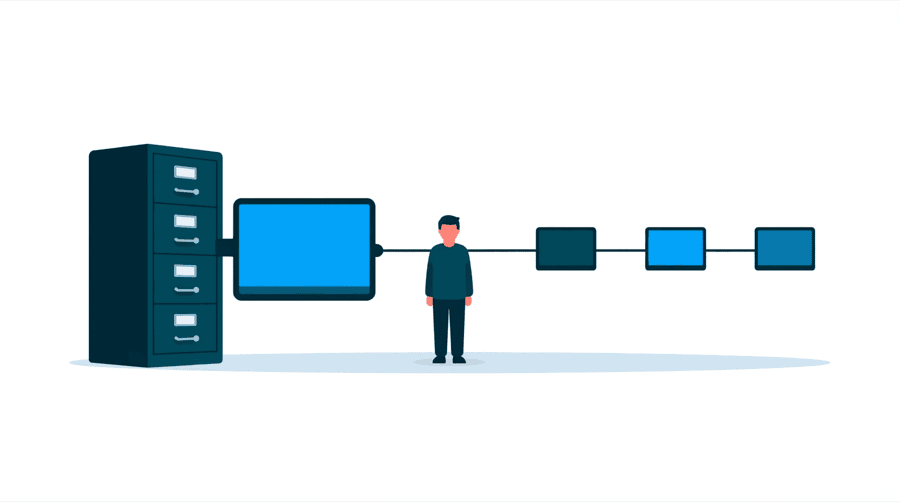 Illustration: one filing cabinet joined by a thick line to a single screen, with three separate boxes joined by thin lines to three other screens