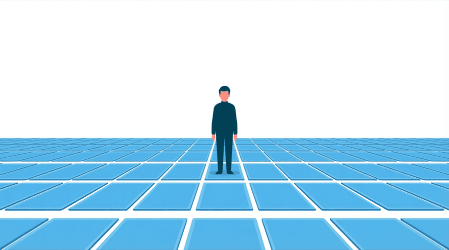 Illustration: one figure standing on a single tile of a large grid of square tiles laid over a simple street plan