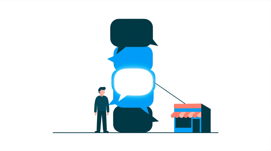 Illustration: one figure beside a tall stack of speech bubbles with one bubble filled bright and a line running from it to a small shop building