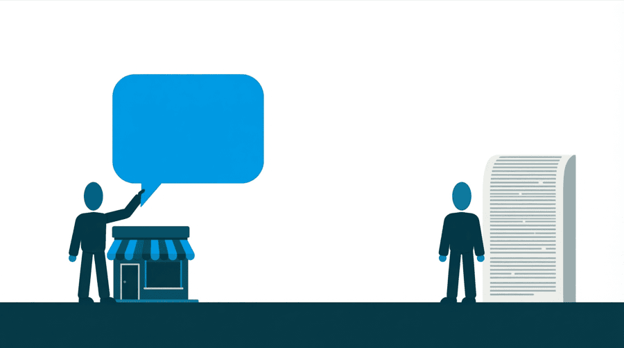 Illustration: two figures on either side of a wide gap in the ground, the left one holding a large speech bubble above a small shop and the right one beside a tall page of grey bars