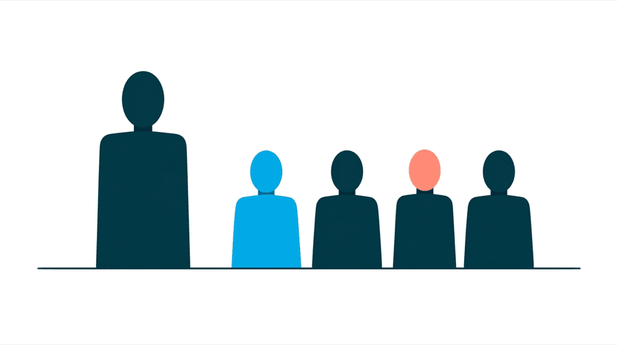 Illustration: one tall figure standing on the left and five much shorter figures standing apart in a row on the right, all on the same ground line