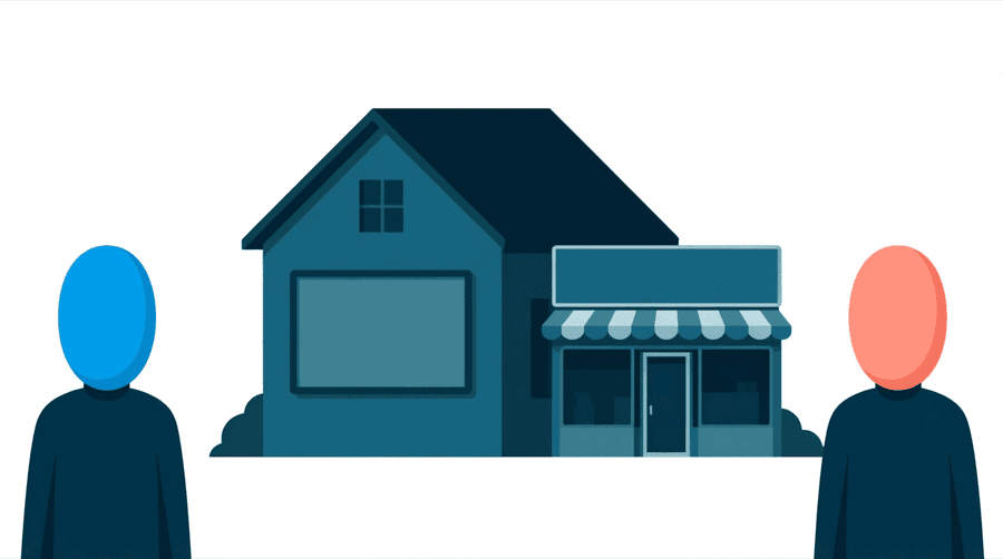 Illustration: a plain house with a blank empty signboard on its wall, standing beside a small shop that has a filled signboard above its door
