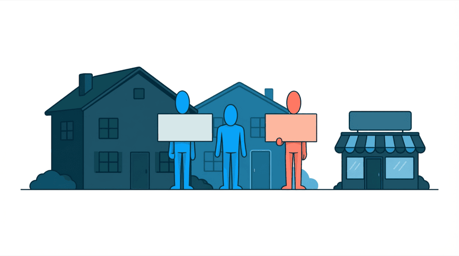 Illustration: three plain houses in a row each carrying a blank empty signboard, beside one small shop carrying a filled signboard above its door