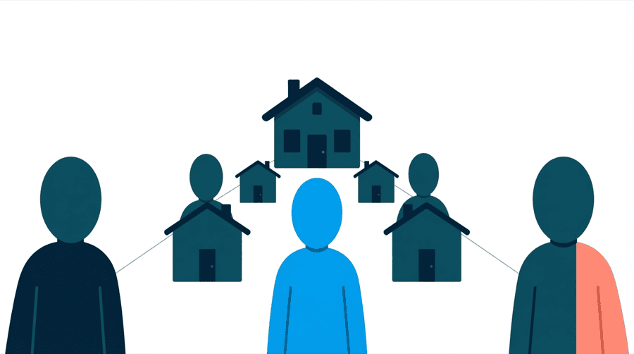 Illustration: five small houses in a row with a straight line running from each one inward to a single larger building in the centre