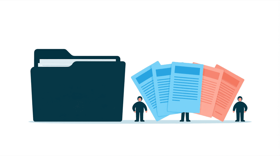 Illustration: one thick folder standing beside five separate thinner pages fanned out in a row