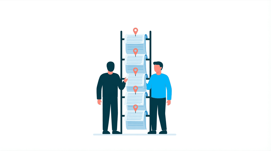 Illustration: one filing rack holding six separate upright pages, with a small map pin resting on each page