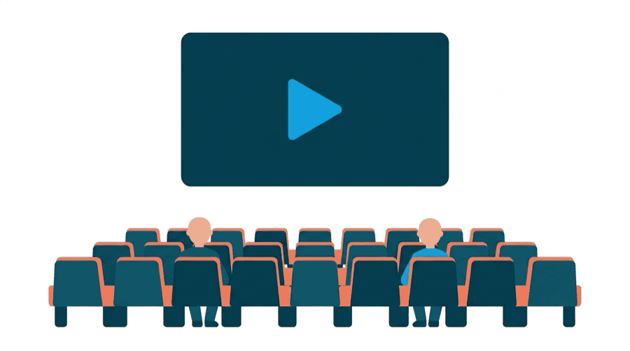 Illustration: a play button on a screen facing an almost empty room