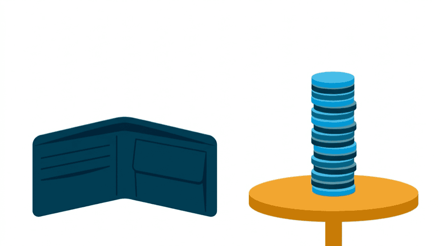 Illustration: an empty open wallet beside a stack of coins on another table