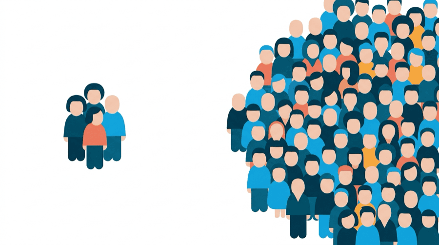 Illustration: a small group of figures separated from a much larger crowd