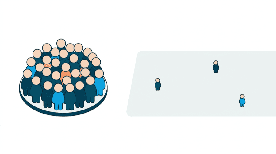 Illustration: a small island crowded with figures next to a vast sparse plain